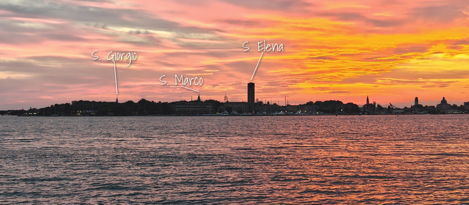 Panorama della laguna dal viale: i campanili di San Giorgio, San Marco e Sant'Elena